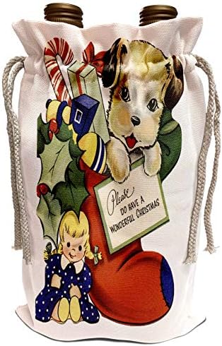 3drose Sandy Mertens עיצובים לחג המולד וינטג ' - כלב מצויר בגרב חג המולד עם מתנות והולי ובובה - תיק יין