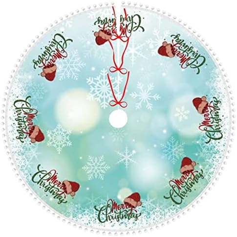 חצאית עץ חג המולד של Eoefou, 30 אינץ 'זוהר פתיתי שלג לבנים עם מעגל של טקסט חג מולד שמח וגדילי כדור קטיפה, קישוטים לעץ חג המולד חיצוני מקורה לקישוטים לחג המולד של חג חג מולד