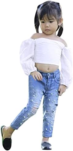 פעוטות תינוקות בגדים ילדות ילדות בכתף ​​חולצה חולצה חור ג'ינס ג'ינס מכנסיים ארוכים 2 יחידות תלבושות סט